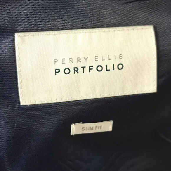Perry Ellis Men's Sport Coat Blazer‎ Two Button Navy Blue Wool Poly Slim Fit 46L